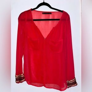 Zara Trafaluc Coral Chiffon Blouse with Beaded Wrist Detail